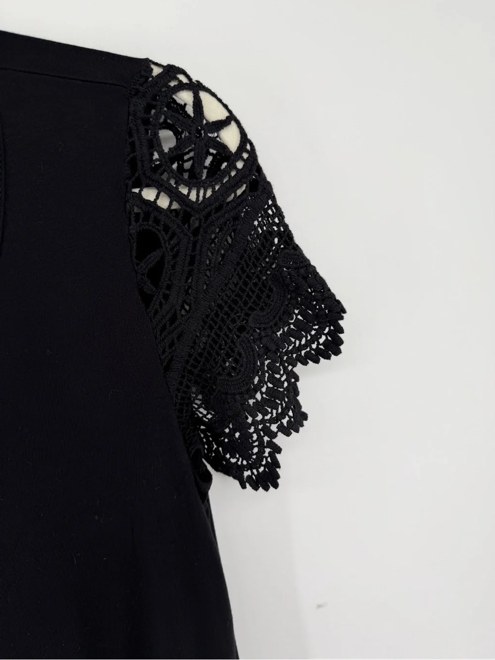 Whimsigoth Coqette Cottagecore Boho Witchy‎ Black Crochet Lace-Sleeve Top SzM